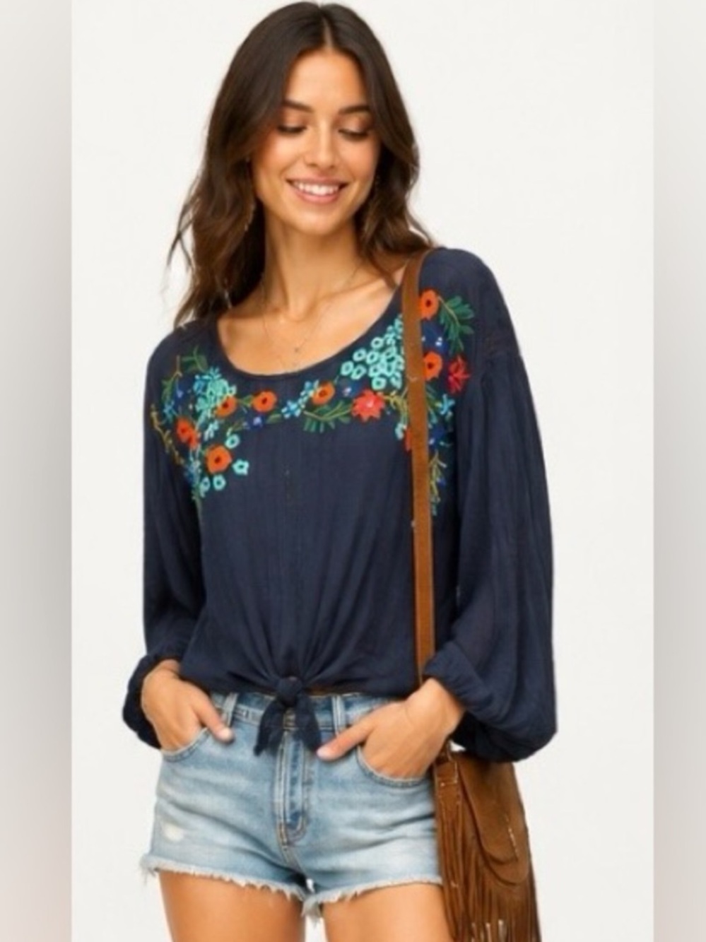 Free People Embroidered Floral Blouse Navy